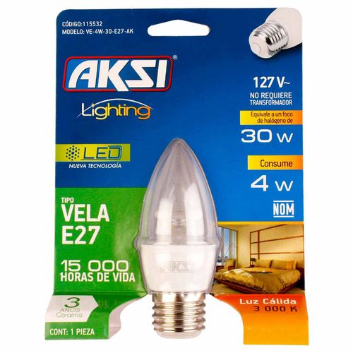Foco Led Aksi 4 Watts Luz Cálida 1 Pieza Tipo Vela 15532