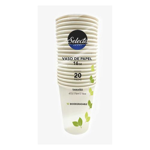 Vaso de Papel Selecto Brand Biodegradable Blanco 16oz 20 Piezas