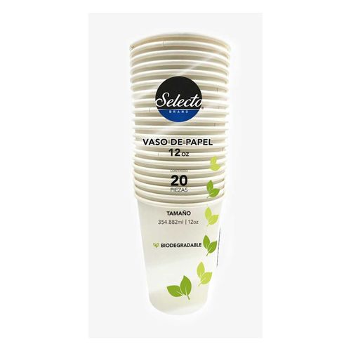 Vaso de Papel Selecto Brand Biodegradable Blanco 12oz 20 Piezas