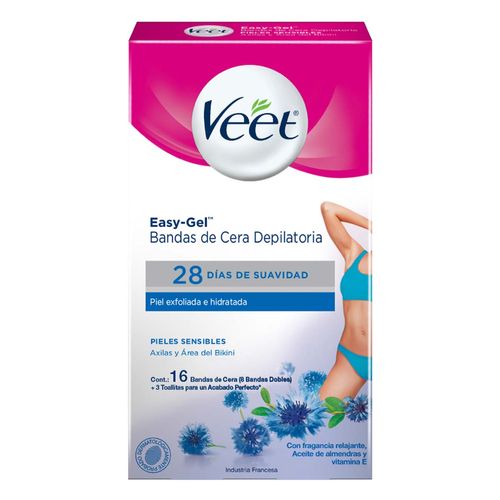 Bandas Depilatorias Corporales Veet Axilas-Bikini Piel Sensible 16 Bandas