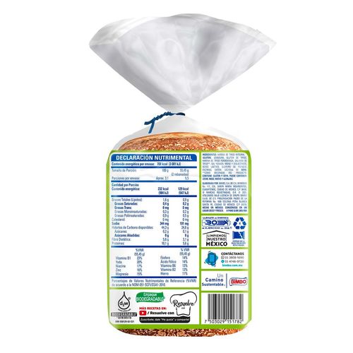 Pan Integral Bimbo Cero Cero 0% Azúcar y Grasas Añadidas 305g