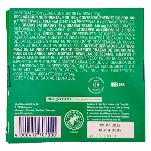Chocolate Ritter Sport Nuez India 100g