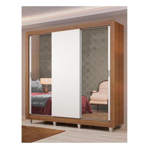 Closet Madesa Lyon Plus 3 Puertas Corredizas con Espejos 4 Cajones con Pies Marrón