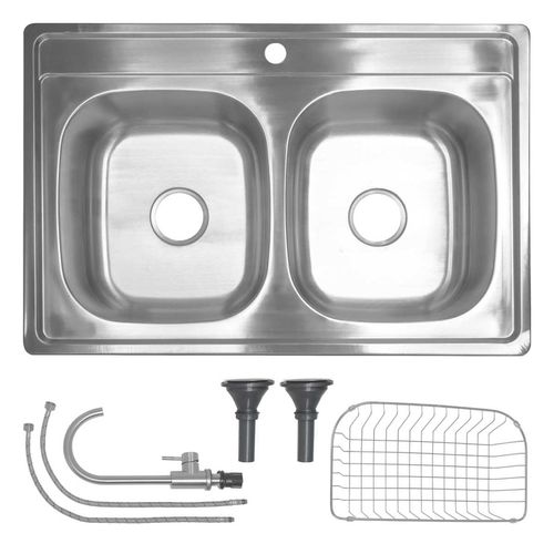 Fregadero Tarja 2 Tinas Cocina Acero Inox + Grifo Mezcladora Color Plateado