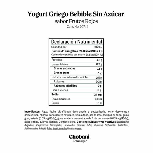 Yogurt Griego Bebible Chobani Zero Sugar Mixed Berry 207ml