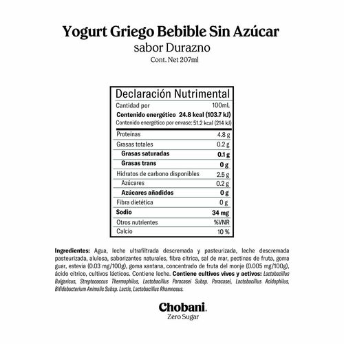 Yogurt Griego Bebible Chobani Zero Sugar Peaches and Cream 207ml