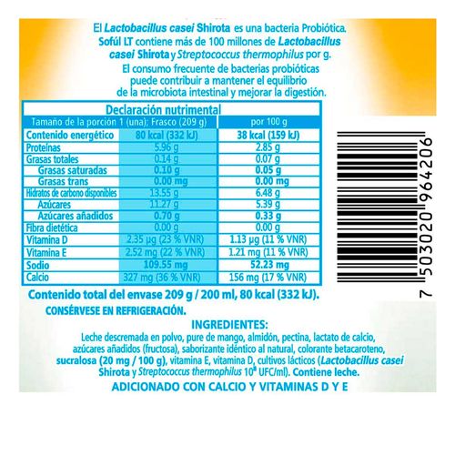 Yakult Sofúl LT para Beber sabor Mango Sin Azúcar 200ml