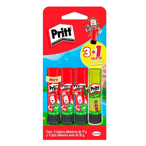 Lápiz Adhesivo Pritt 11g 3 pack + 1 Neón 10g