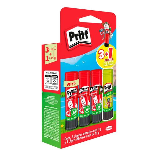 Lápiz Adhesivo Pritt 11g 3 pack + 1 Neón 10g