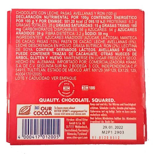 Chocolate Ritter Sport Ron con Pasas 100g