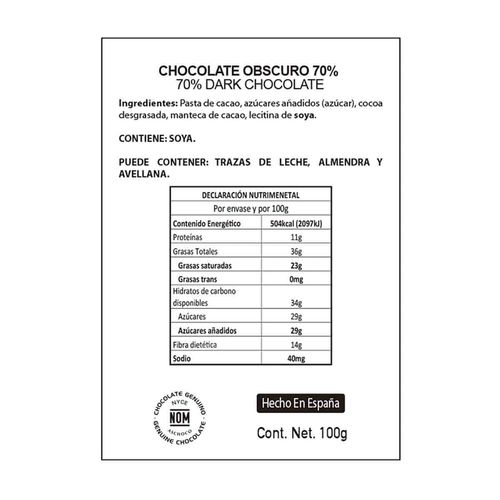 Chocolate Valor Intense Dark con 70% de Cacao 100g