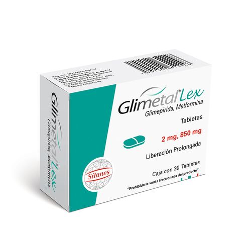 Tabletas Glimetal Lex 2mg/850mg Liberación Prolongada Caja con 30 Tabletas