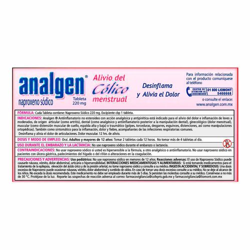 Tabletas Analgen Cólicos 220mg Caja con 10 Tabletas