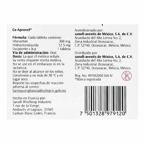 Tabletas Co-Aprovel 300mg/12.5mg Caja con 14 Tabletas