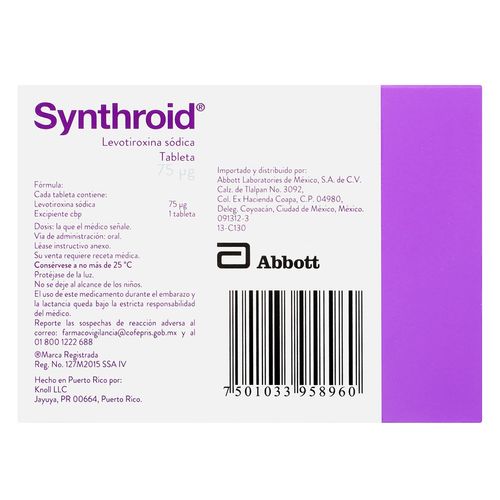 Tabletas Synthroid 75mcg Caja con 30 Tabletas