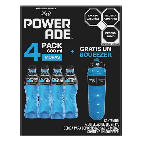 4Pack Bebida Isotónica Powerade Moras 600ml + Squeezer