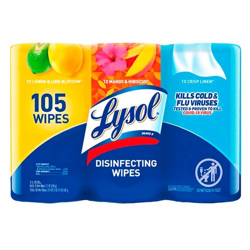 Toallitas Desinfectantes Lysol Citrus, Mango Hibiscus, Crisp Linen 3 Pack de 35 Piezas