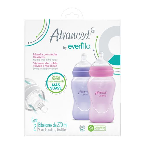 Biberón Advanced by Evenflo Bold Cuello Ancho Niña Flujo Medio 9oz / 270ml 2 pack