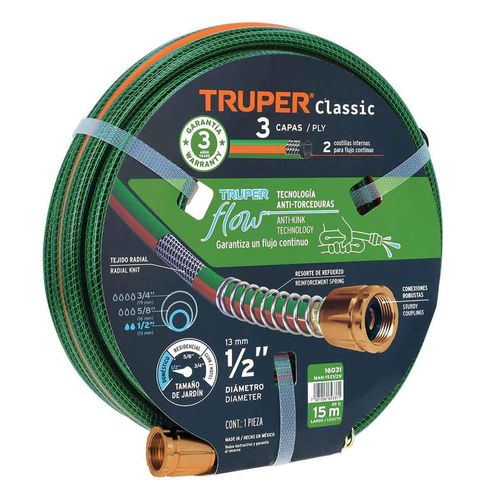 Manguera 1/2" Truper reforzada 3 capas 15m Conexiones Metal