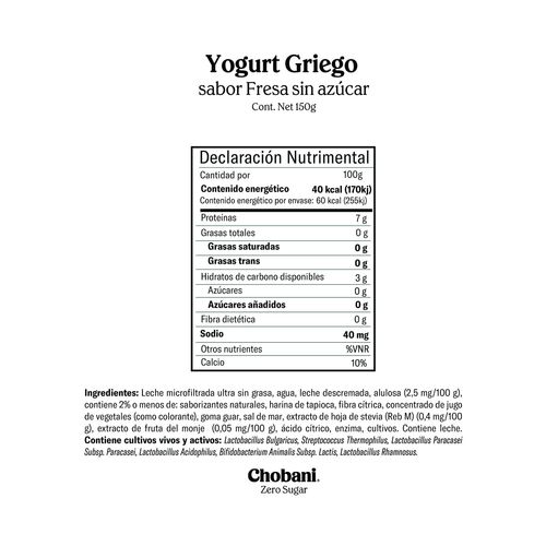 Yoghurt Chobani Batido Zero Sugar Fresa 150g