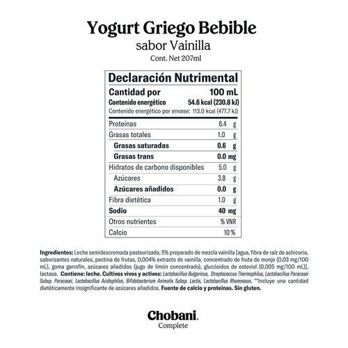 Yogurt Griego Bebible Chobani Complete sabor Vainilla 207ml