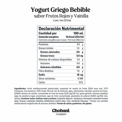 Yogurt Griego Bebible Chobani Complete sabor Mixed Berry Vainilla 207ml