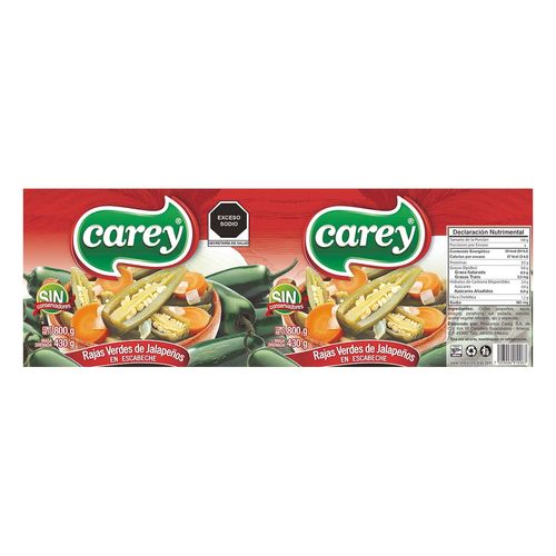 Chiles Carey Rajas Verdes de Jalapeño en Escabeche 800g