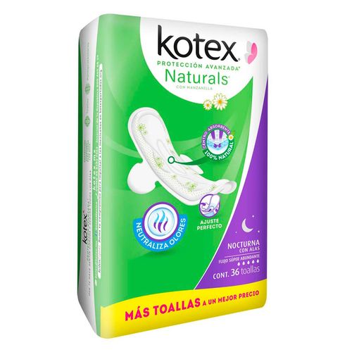 Toallas Femeninas Kotex Naturals Nocturna con Alas 36 Toallas