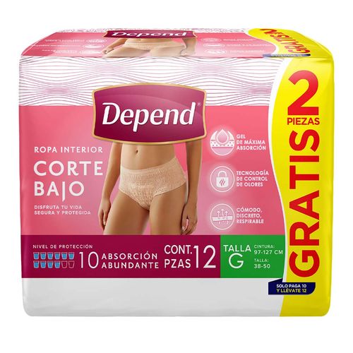 Ropa Interior Desechable para Incontinencia Depend Corte Bajo Talla Grande 10 Piezas