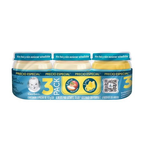 Papillas Gerber Frutipack de 3 Etapa 2 Sabor Manzana y Mango Frasco de 113g c/u