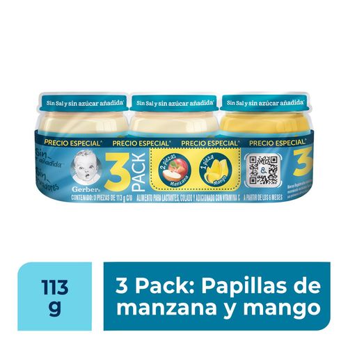 Papillas Gerber Frutipack de 3 Etapa 2 Sabor Manzana y Mango Frasco de 113g c/u