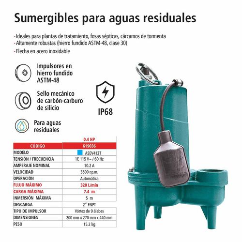Bomba Sumergible para Aguas Residuales IUSA 4 Caballos de Fuerza ASEV412T