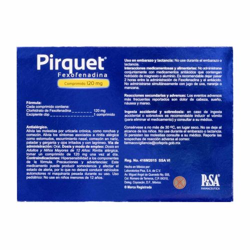 Comprimidos Pirquet 120mg Caja con 10 Comprimidos