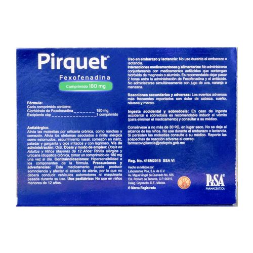 Comprimidos Pirquet 180mg Caja con 10 Comprimidos