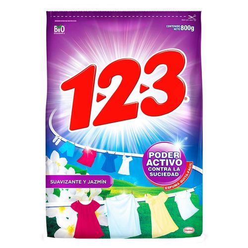 Detergente en Polvo 123 Maxi Poder Suavizante y Jazmín 800g