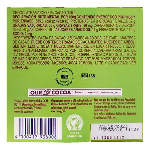 Chocolate Ritter Sport con 81% de Cocoa 100 g