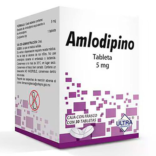 Tabletas Amlodipino 5mg Frasco con 30 Tabletas