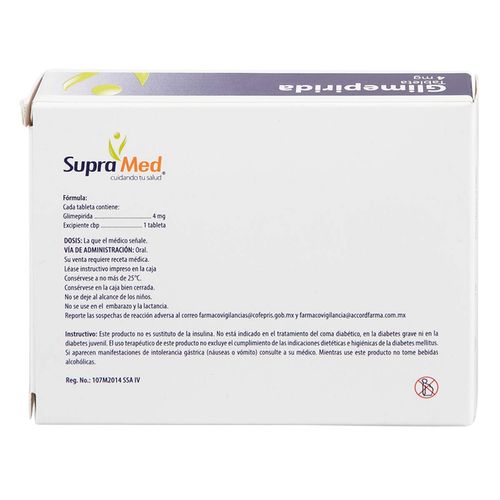 Tabletas SupraMed Glimepirida 4mg Caja con 30 Tabletas
