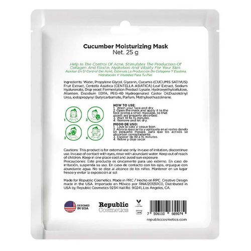 Mascarilla Facial Hidratante Republic Cosmetics Pepino y Centella Asiática 25g