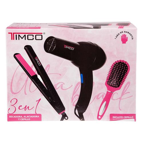 Combo Timco Alaciadora Secadora Y Cepillo de Cabello Ultra Black 3 Piezas