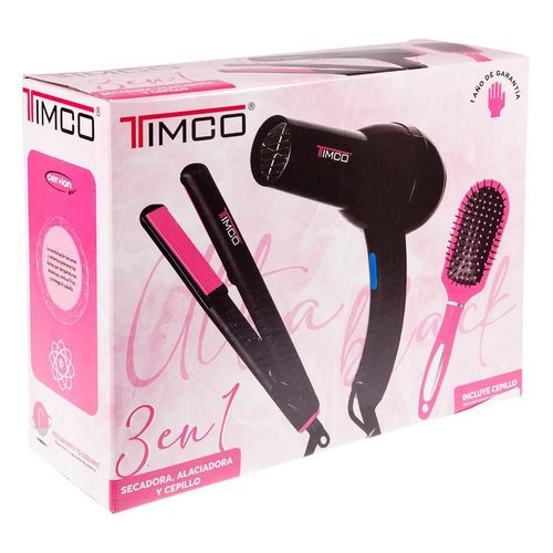 Combo Timco Alaciadora Secadora Y Cepillo de Cabello Ultra Black 3 Piezas