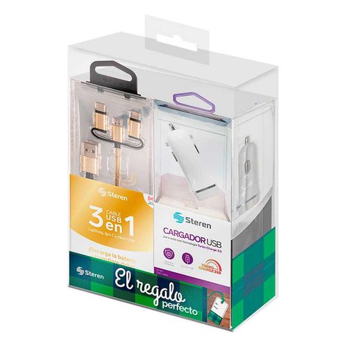 Set Móvil Steren con Cable de 3 Puntas y Cargador Tubo Charge para Auto