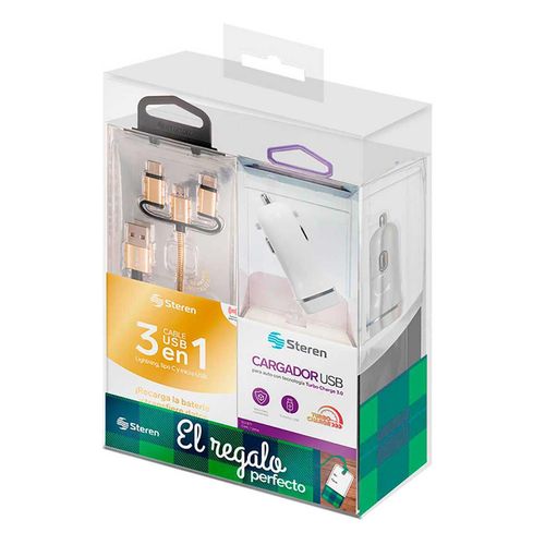 Set Móvil Steren con Cable de 3 Puntas y Cargador Tubo Charge para Auto