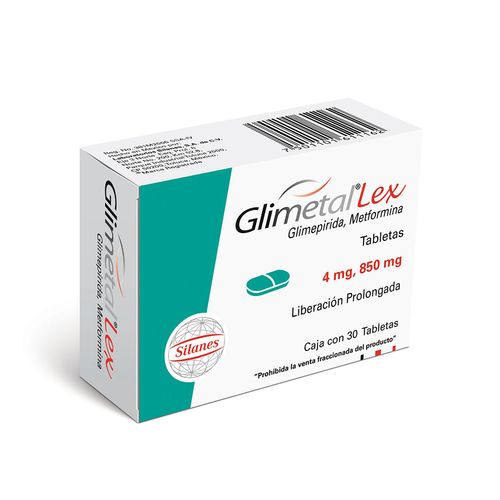 Tabletas Glimetal Lex 4mg/850mg Liberación Prolongada Caja con 30 Tabletas