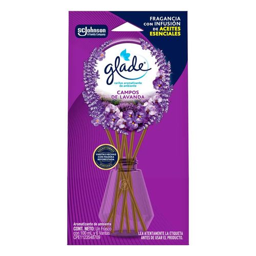 Aromatizante con Aceite Varitas Glade Campos de Lavanda Frasco con 100ml y 6 Varitas