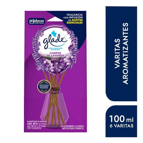 Aromatizante con Aceite Varitas Glade Campos de Lavanda Frasco con 100ml y 6 Varitas