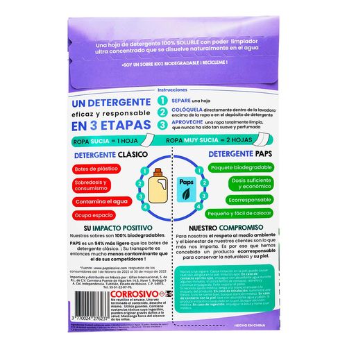 Hojas de Detergente Paps Lavanda Soluble 44 Hojas