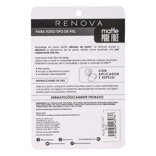 Maquillaje en Polvo Renova Matte Pore Free Beige Claro