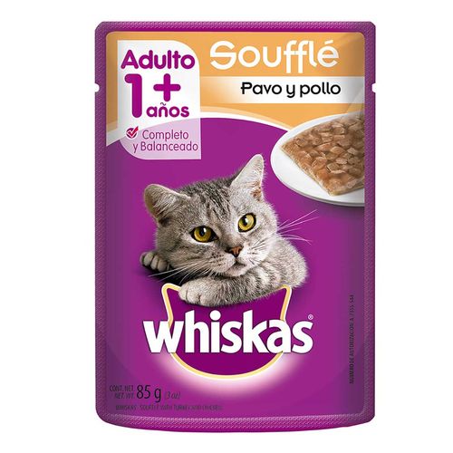 Sobres Whiskas para Gatos Adultos, sabor Soufflé Pollo y Pavo 85g