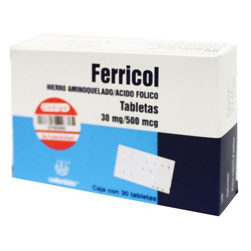 Tabletas Ferricol 30mg/500mcg Caja con 30 Tabletas